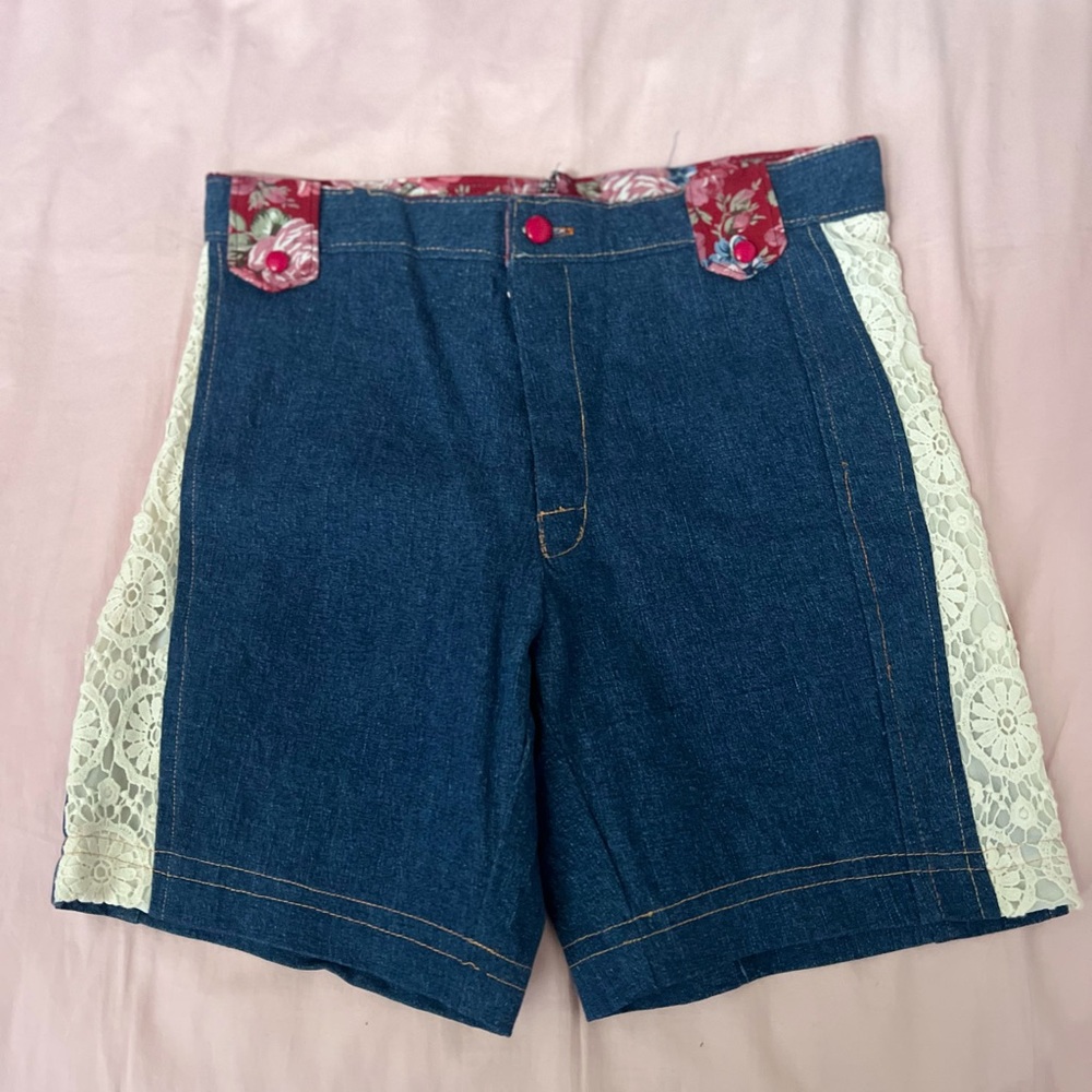 Vintage unique handmade Denim Shorts with Floral and Lace Details